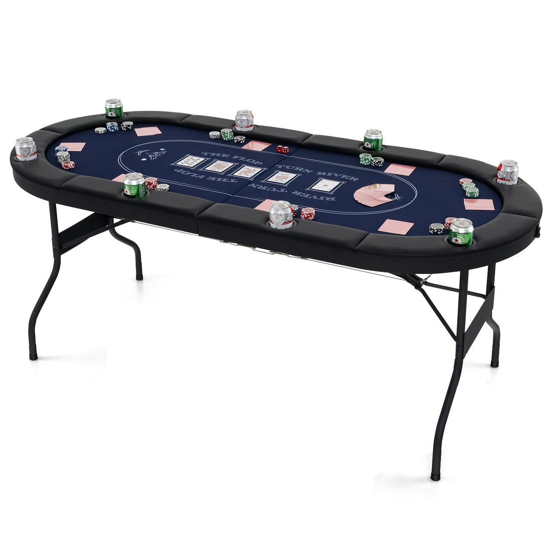 GYMAX Poker Table Foldable, 8-Player Texas Holdem Poker Table with Metal Cup Holders, Casino Grade Felt &amp; Padded Rails, Portable Folding Poker Table for Leisure Game, Homes, Game Rooms (Black)