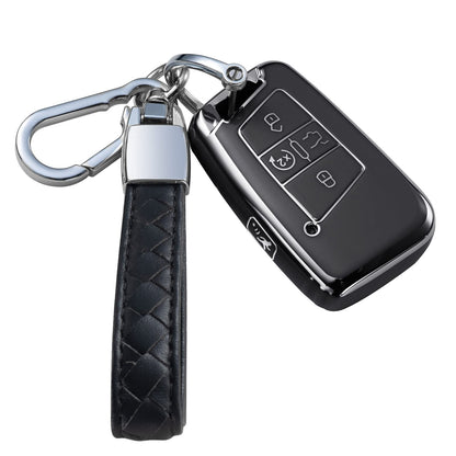 Compatible with VW Volkswagen Key Fob Cover with Leather Lanyard, Car Key Case Shell Protection for Volkswagen Tiguan Atlas Jetta Passat Golf Alltrack Smart Remote Control,Green