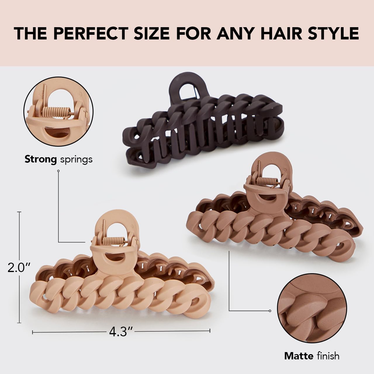 Kitsch Recycled Plastic Large Claw Clip - Big Chain Hair Clips for Women | Large Hair Claw Clips &amp; Jaw Clips| Big Claw Clips for Thick Hair | Claw Hair Clips for Girls (3pc Set Large Neutrals)