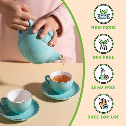 Sweejar Porcelain Tea Set for Little Girls,Kitchen Toys Tea Party Set for Kids Toddler Kitchen Pretend Toy Include Children Teapot, Cup &amp; Saucer Set of 4, Sugar Bowl and Cream Pitcher(Pink Polka Dot)