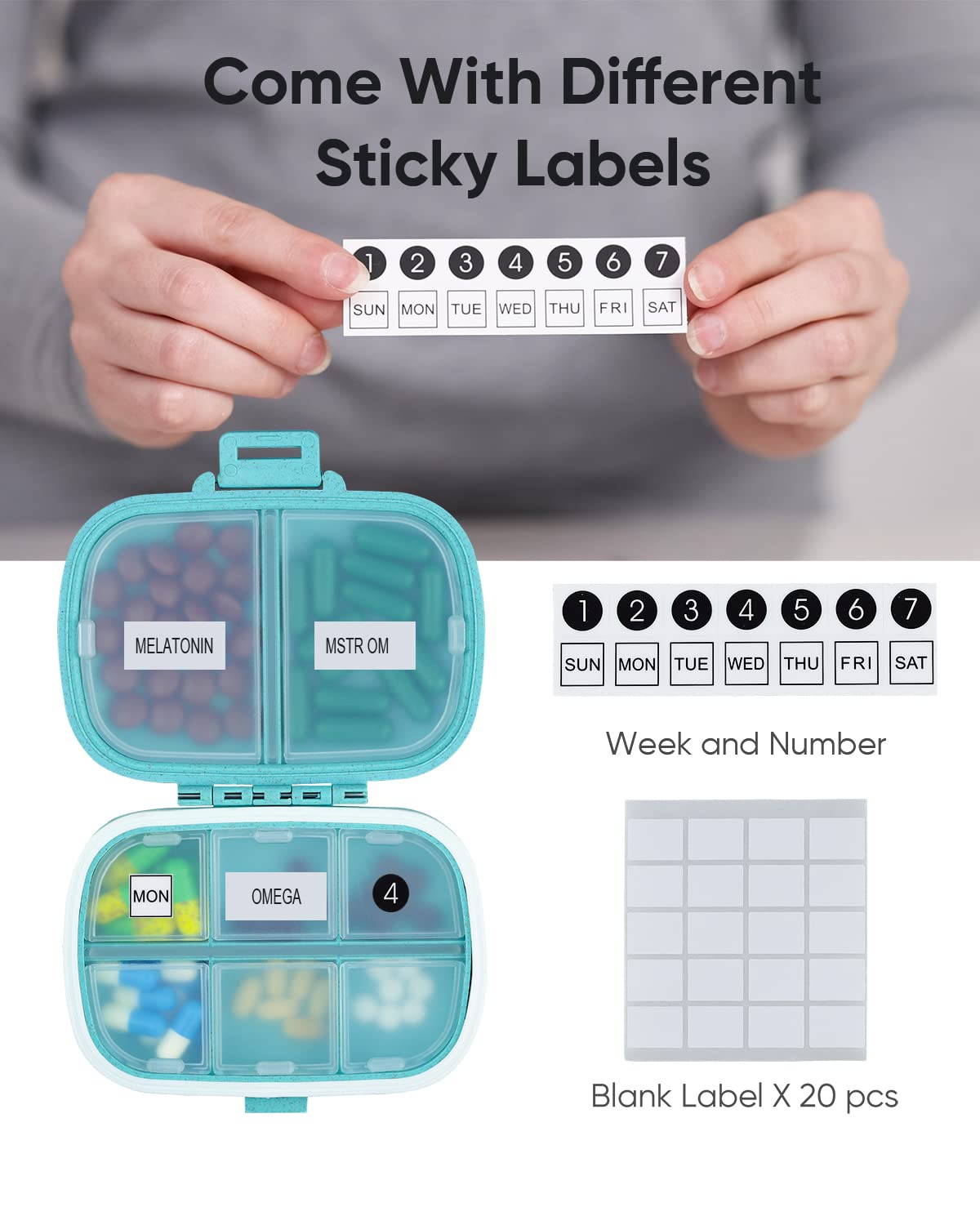 Holii Travel Pill Organizer, 8 Compartments Portable Pill Case, Daily Pill Box to Hold Vitamins, Small Pill Container for Pocket Purse Medicine Organizer（Khaki）