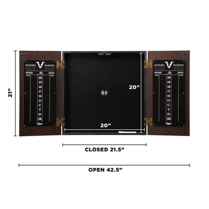 Viper Stadium Cabinet &amp; Shot King Sisal/Bristle Dartboard Ready-to-Play Bundle with Two Sets of Steel-Tip Darts, Throw Line, and Dry Erase Scoreboards, Walnut Finish