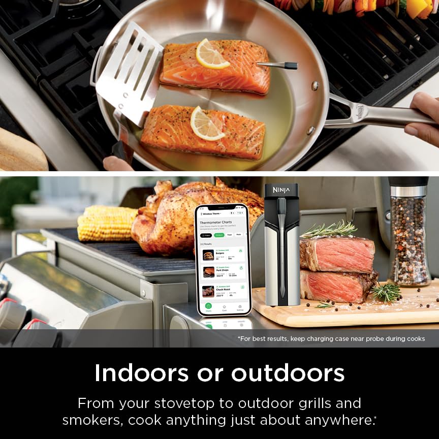 Ninja ProChef Wireless Meat Thermometer Indoor &amp; Outdoor, for Grill, Oven, Smoking, Roasting, air Frying, Long Range app Connection, flareup Resistant, Long Battery Life, Bluetooth, Waterproof, WP100