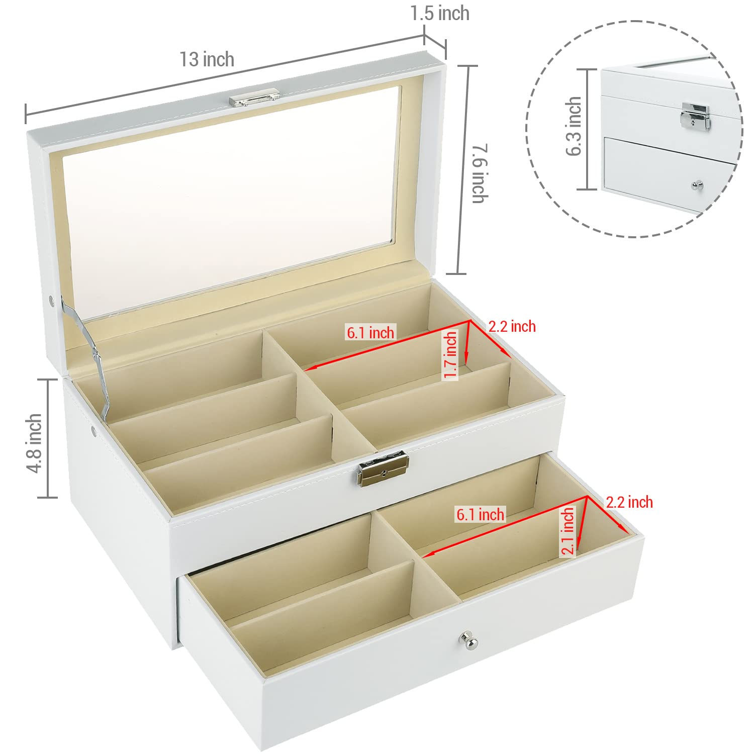MyGift Deluxe White Wood Sunglasses Organizer, Eyewear Display Box, 2 Layer Storage Case with Glass Lid and Leatherette Trim, Holds up to 12 Pairs of Glasses