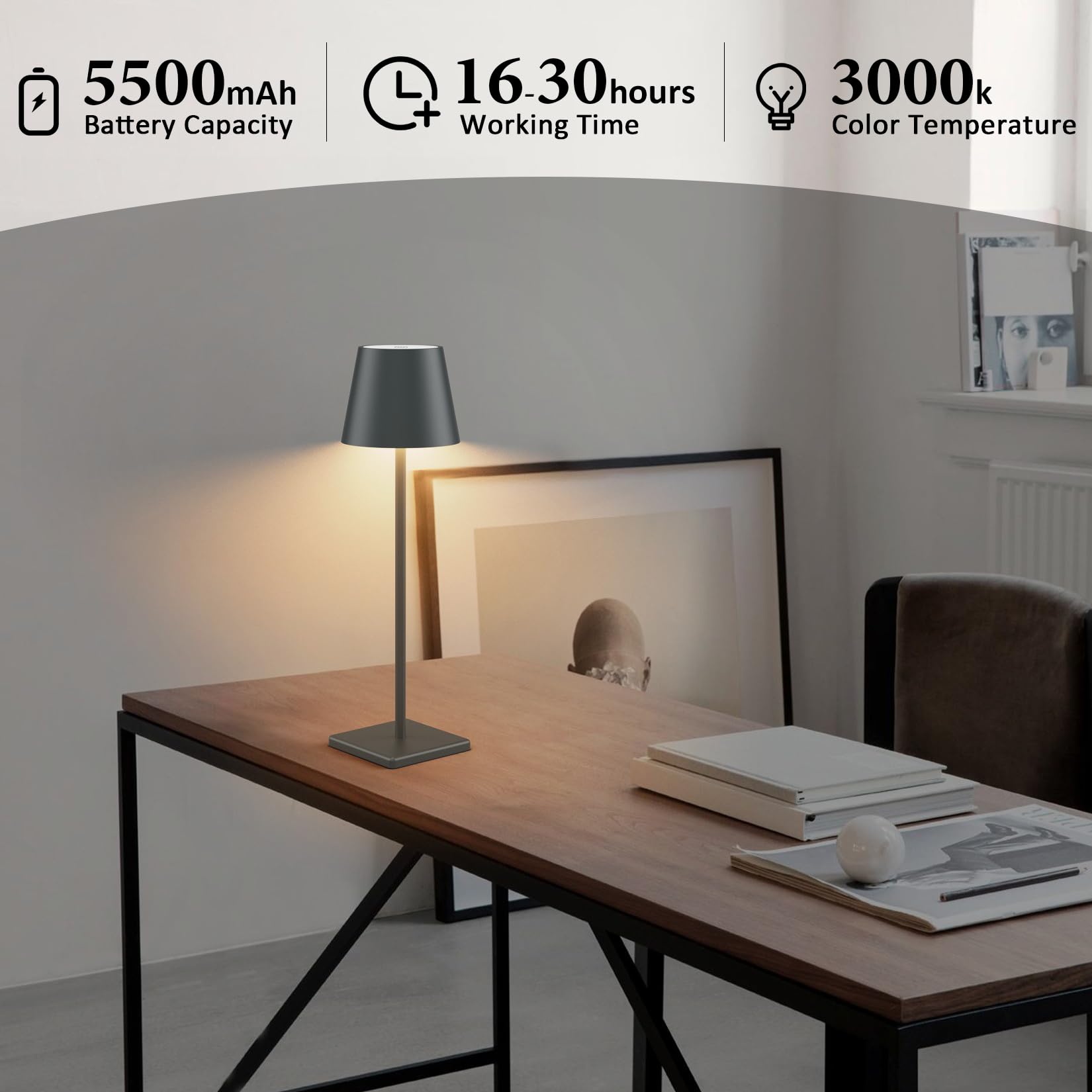 2-Pack LED Cordless Table Lamp, Rechargeable Battery Desk lamp 3W 5500mAh Battery Operated Stepless Dimming Modern Portable Table Light for Restaurant/Bedroom/Outdoor IP54 Waterproof (Off White)
