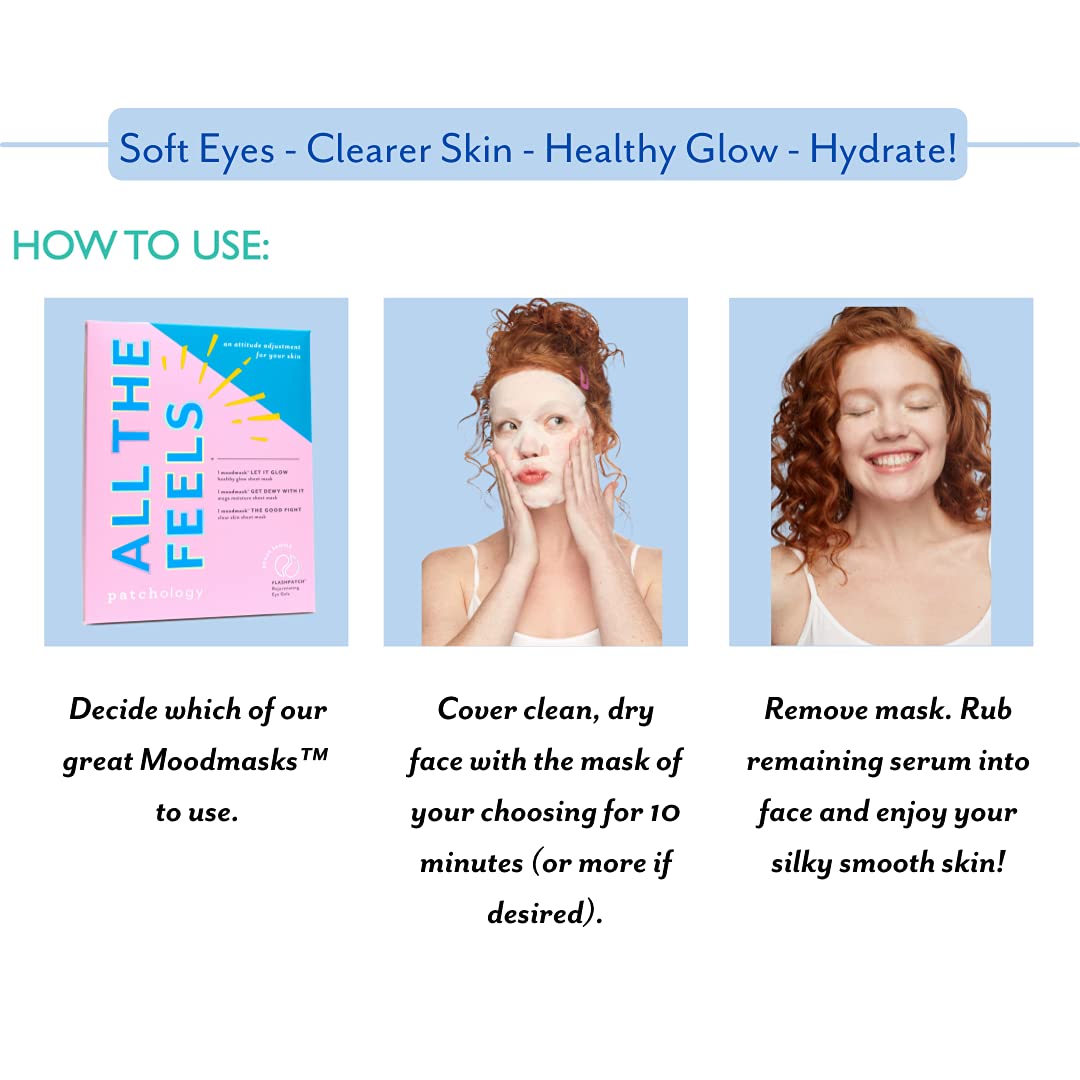 Patchology &quot;All the Feels Sheet Masks - Hydrating Face Masks for dry skin and blotchy redness. Facial Sheet Mask Skincare Treatment to reduce puffiness, redness and wrinkles (3 Piece Set)