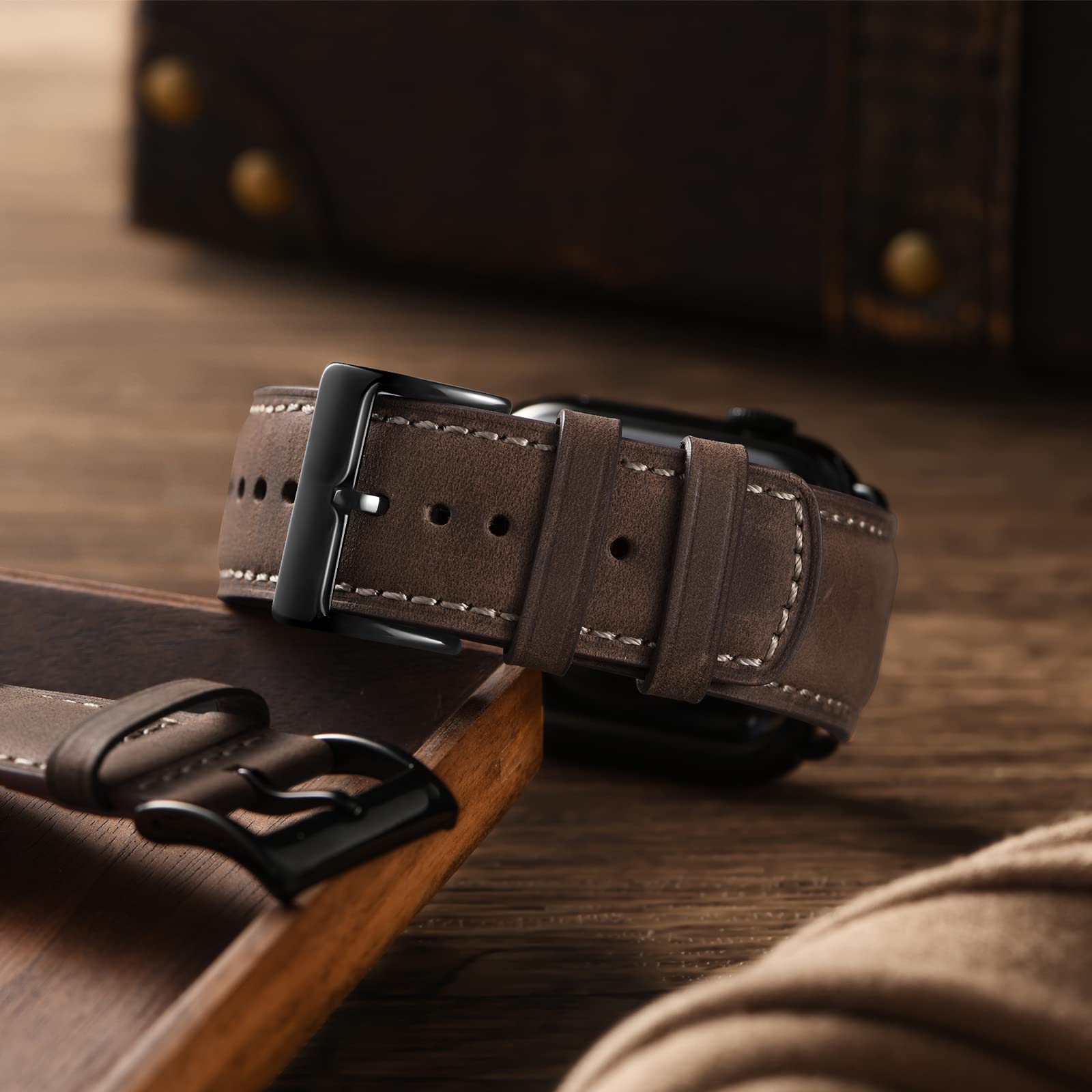 Bestig Compatible with Apple Watch Band 49mm 46mm 45mm 44mm 42mm(Series 3 2 1) Apple Watch Leather Bands Genuine Leather for iWatch Strap Ultra Series 10 9 8 7 6 5 4 SE Women Man-Redbrown/Black
