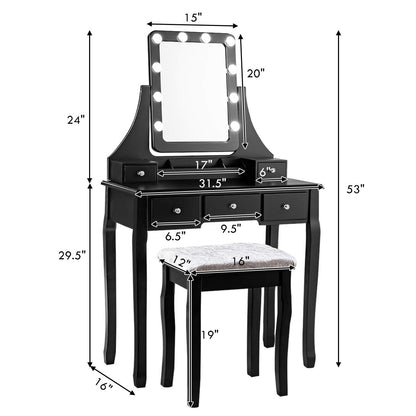 DORTALA Vanity Table Set with 360° Mirror &amp; Cushioned Stool, Makeup Table with 10 LED Dimmable Bulbs, Bedroom Wood Dressing Table with 5 Drawers and Removable Box Organizer, Gift for Females (White)