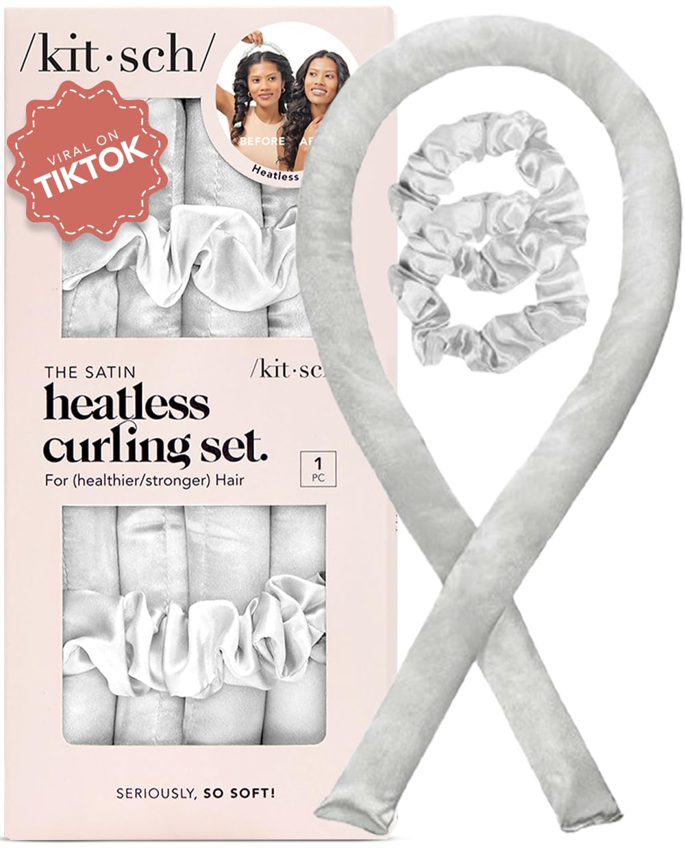 Kitsch Satin Heatless Curling Set for No-Heat Soft Curls | Overnight Hair Curlers &amp; Curling Rod Headband, Frizz-Free Styling | Gentle Rollers for All Hair Types - 1 Pack (Charcoal)