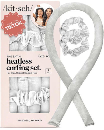 Kitsch Satin Heatless Curling Set for No-Heat Soft Curls | Overnight Hair Curlers &amp; Curling Rod Headband, Frizz-Free Styling | Gentle Rollers for All Hair Types - 1 Pack (Charcoal)