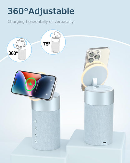COLSUR Bluetooth Speaker, Magnetic Wireless Charger, Bluetooth Speakers with Night Light, 2 in 1 Wireless Charging Station for iPhone 16/15/14/13/12 Series, AirPods Pro/3/2（Gift Ideal）