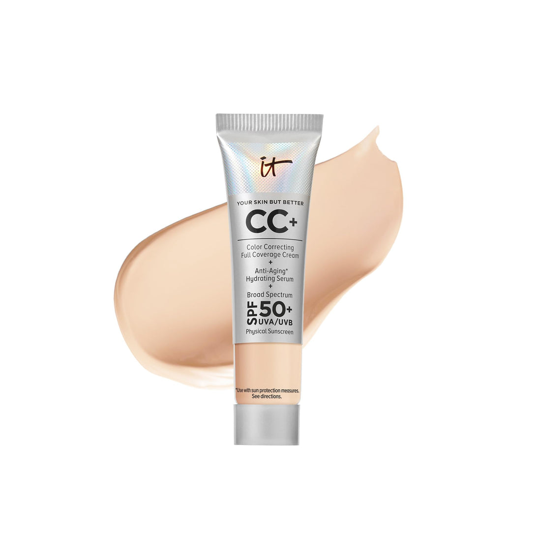 IT Cosmetics Your Skin But Better CC+ Cream Travel Size - Color Correcting Cream, Full-Coverage Foundation, Hydrating Serum &amp; SPF 50+ Sunscreen - Natural Finish - 0.4 fl oz