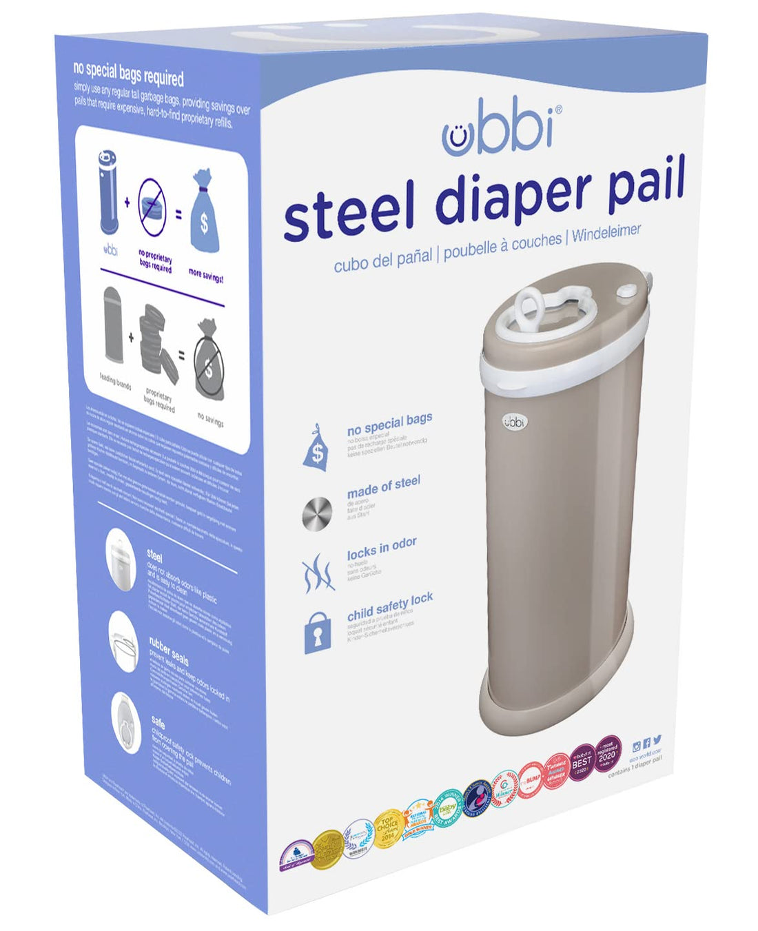Ubbi Steel Odor Locking, No Special Bag Required Money Saving, Awards-Winning, Modern Design Registry Must-Have Diaper Pail, Taupe