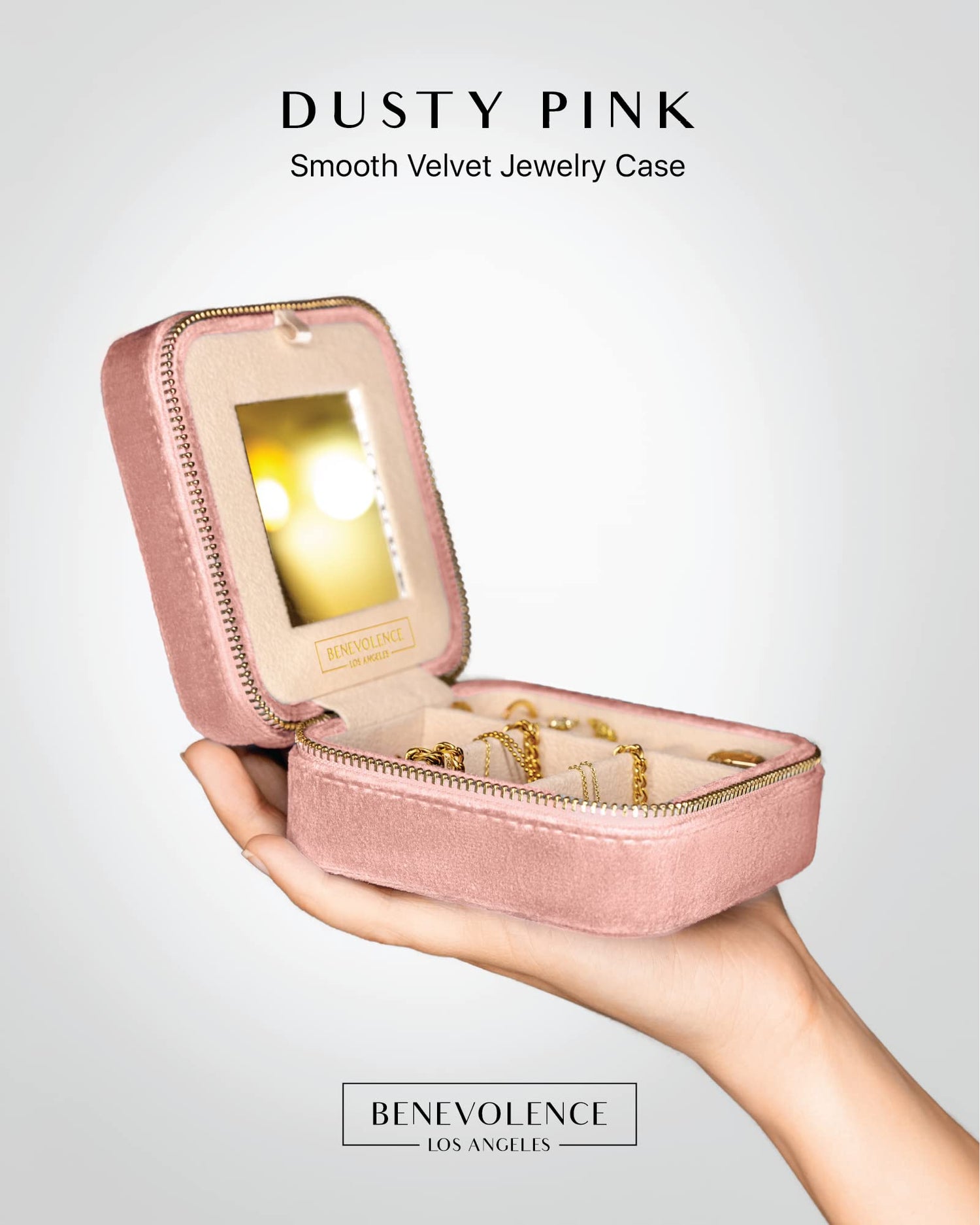 Benevolence LA Plush Velvet Travel Jewelry Storage Box | Travel Jewelry Case Small Jewelry Box for Women | Jewelry Travel Organizer | Earring Organizer with Mirror - Dusty Pink