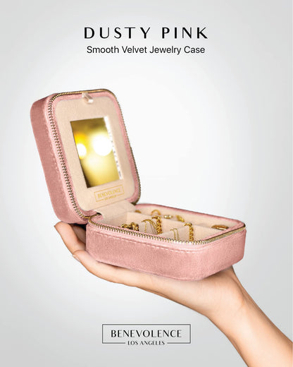 Benevolence LA Plush Velvet Travel Jewelry Storage Box | Travel Jewelry Case Small Jewelry Box for Women | Jewelry Travel Organizer | Earring Organizer with Mirror - Dusty Pink