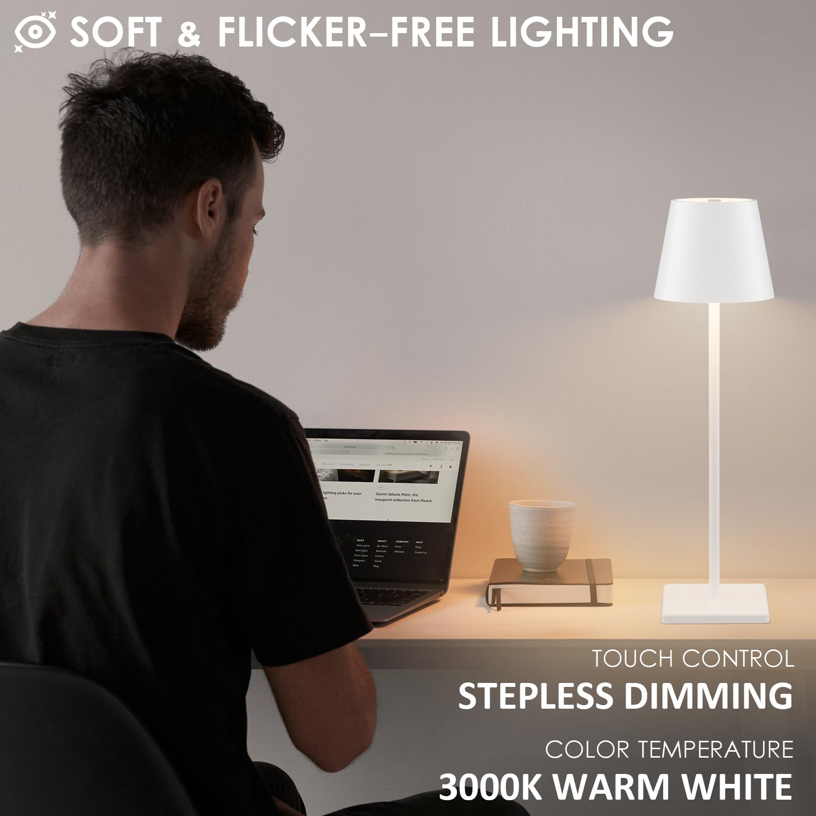 2-Pack LED Cordless Table Lamp, Rechargeable Battery Desk lamp 3W 5500mAh Battery Operated Stepless Dimming Modern Portable Table Light for Restaurant/Bedroom/Outdoor IP54 Waterproof (Off White)