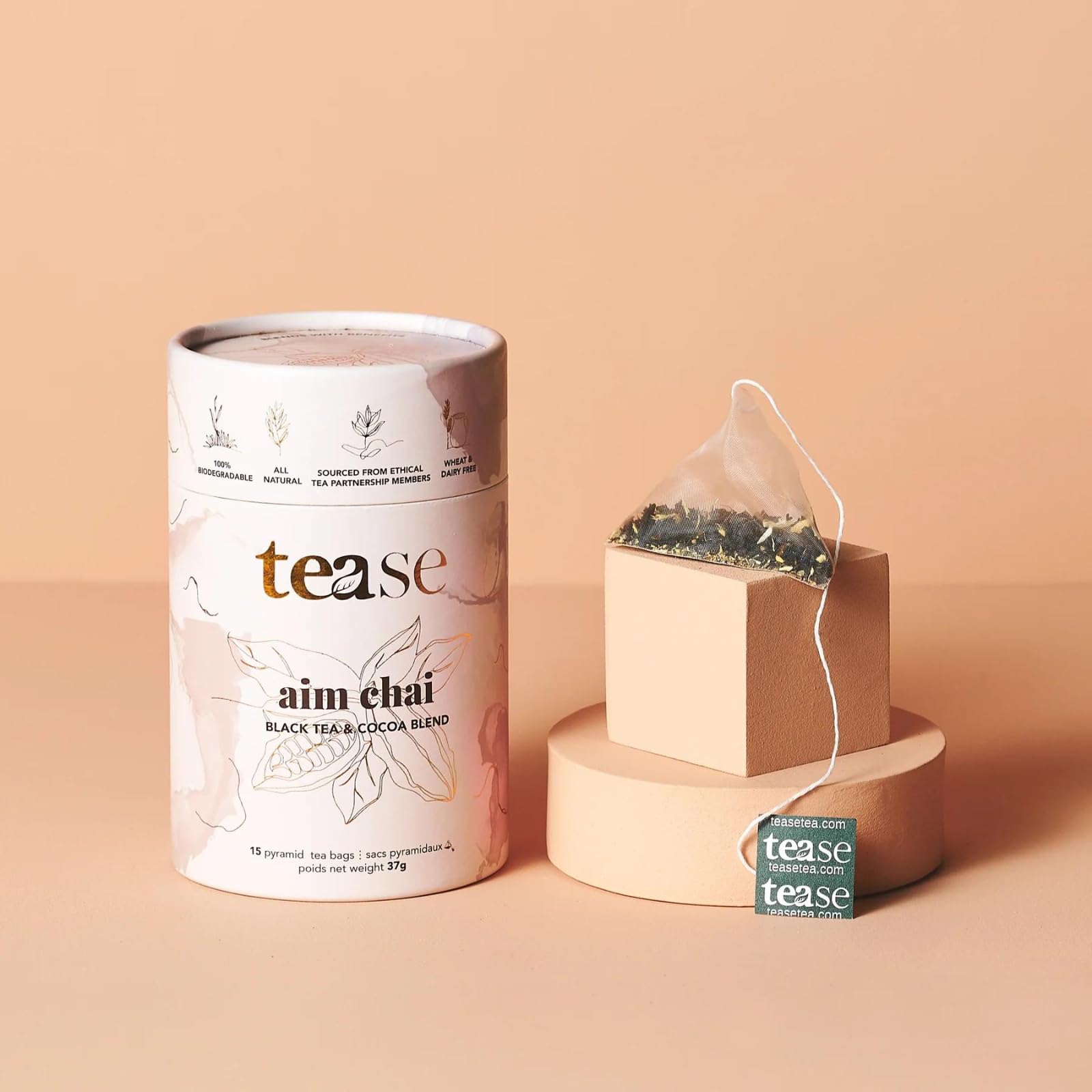 Tease Tea Organic Tea Tube Gift Set | 15 Piece Botanical Pyramid Tea Bag Infuser Sachets Loose Leaf Support Citrusy Blend with Rooibos, Peppermint, Valerian Root Caffeine Free 37g (Golden Slumbers)