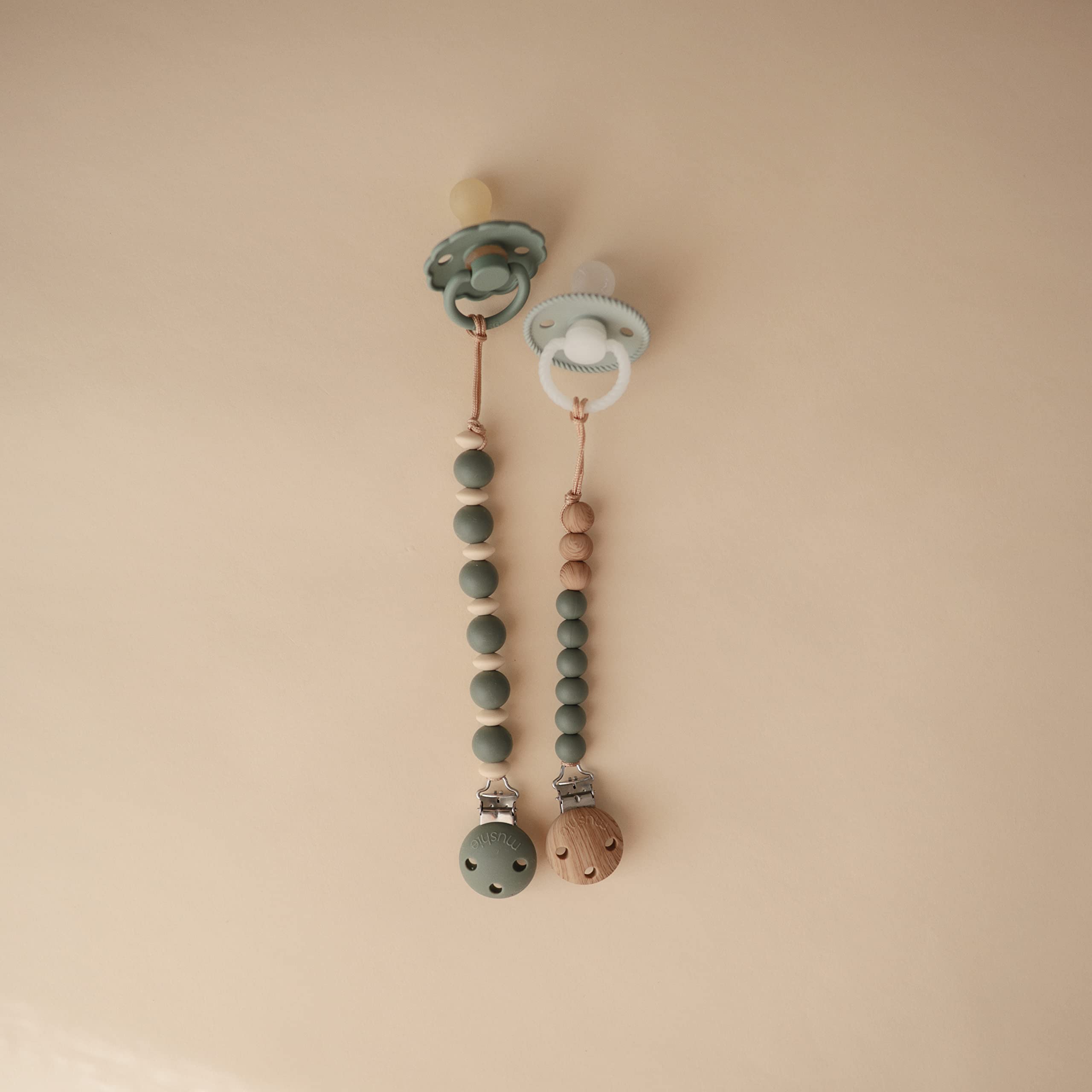 mushie 100% Silicone Baby Pacifier Clip BPA Free | Luna (Faux Wood)