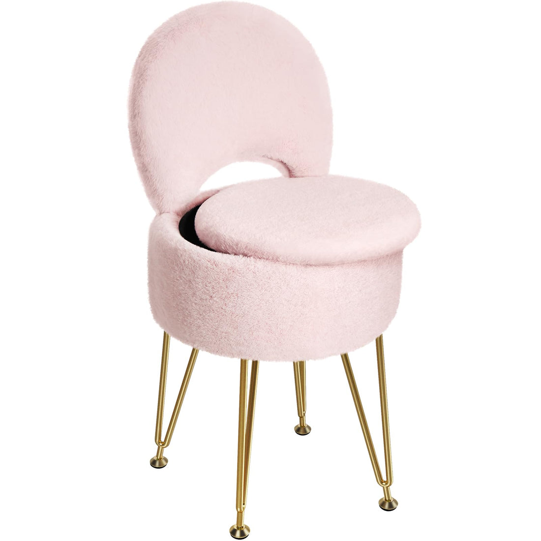 Greenstell Vanity Stool with Foldable Back, Vanity Chair with Storage, 13&quot; Dx 27.7&quot; H Faux Fur Soft Ottoman, 4 Metal Legs with Anti-Slip Feet, Small Furry Padded Seat for Makeup, Bedroom, White