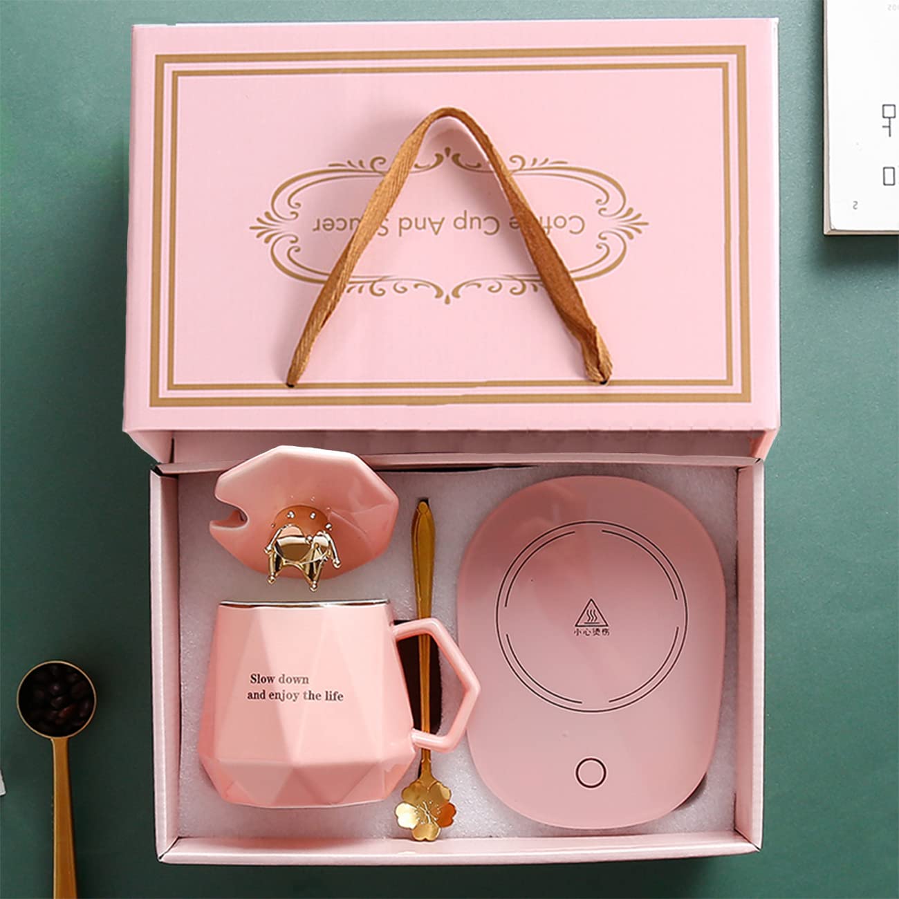 Coffee Warmer for Desk, with Mug Set. Cup Warmer with Automatic Shut Off, Drink Warmer for Cocoa, Tea, Milk. Gift for Women‘s Day Best Friend Woman Bestie Ladies Aunt Friends Birthday(Pink)