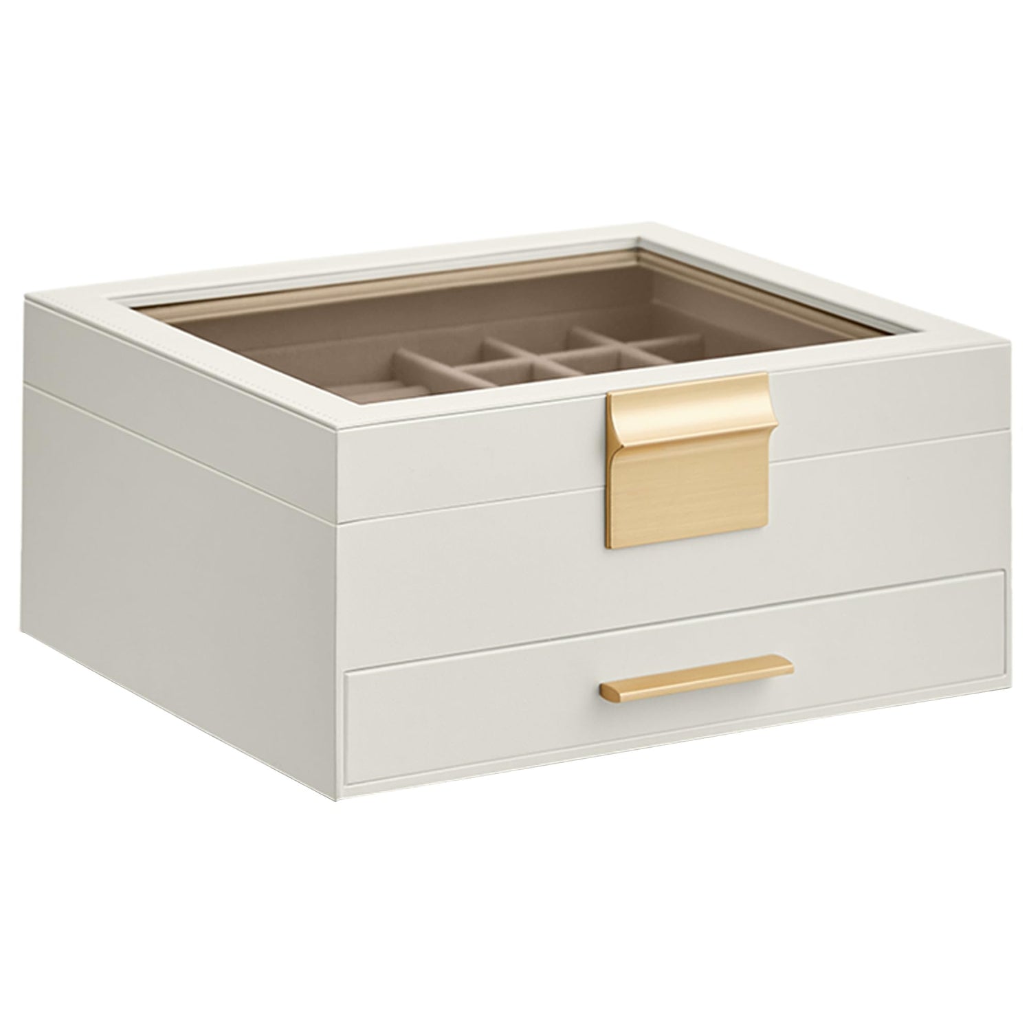 SONGMICS Jewelry Box with Glass Lid, 3-Layer Jewelry Organizer, 2 Drawers, for Big and Small Jewelry, Jewelry Storage, Modern Style, 8 x 9.1 x 5.3 Inches, Cloud White and Gold Color UJBC239WT