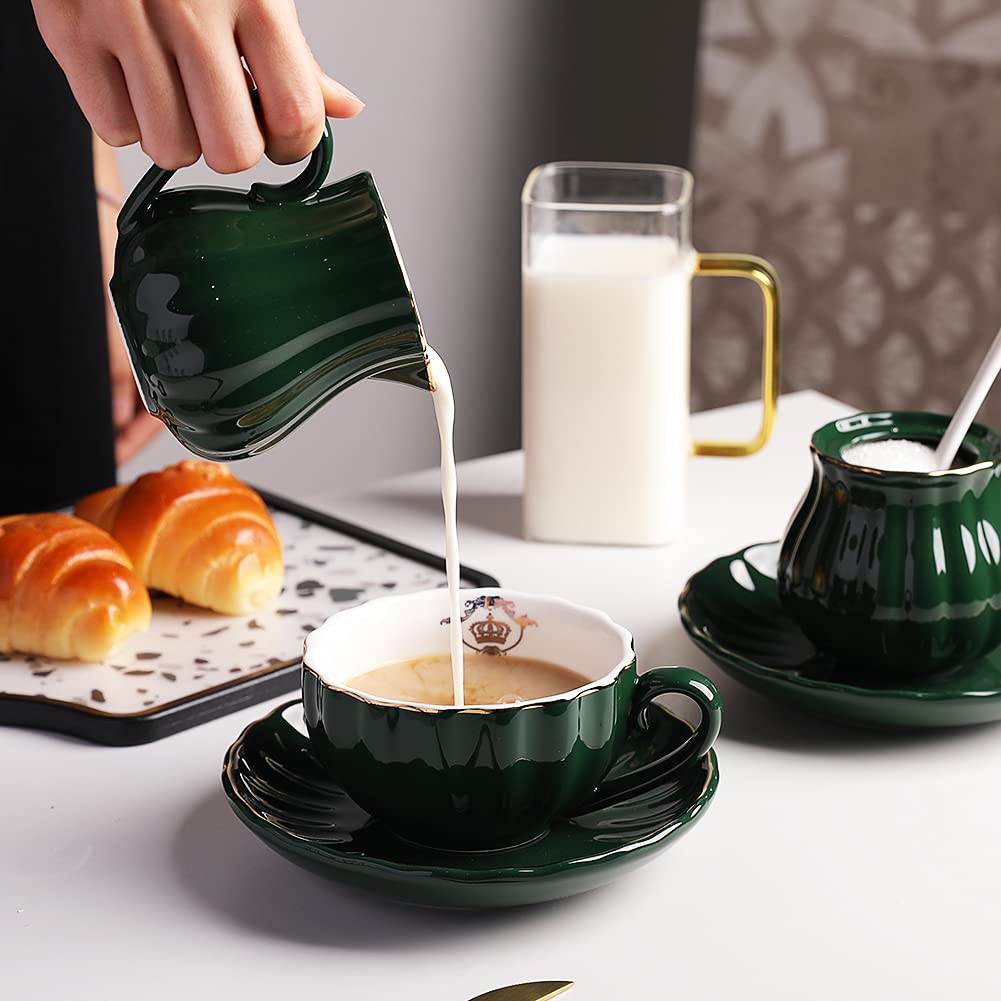 Sweejar Royal Ceramic Sugar and Creamer Set, 3 Piece Set with Cream Pitcher, Sugar Bowl, Sugar Set with Lid &amp; Spoon, Coffee Serving Set Wedding Gift(White)