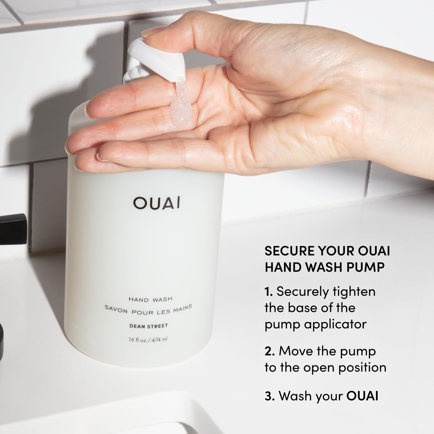 OUAI Hand Wash - Liquid Hand Soap with Jojoba, Avocado, &amp; Rose Hip Oil for Replenished Skin - Gentle Exfoliating Bathroom + Kitchen Hand Soap (16 Fl Oz)