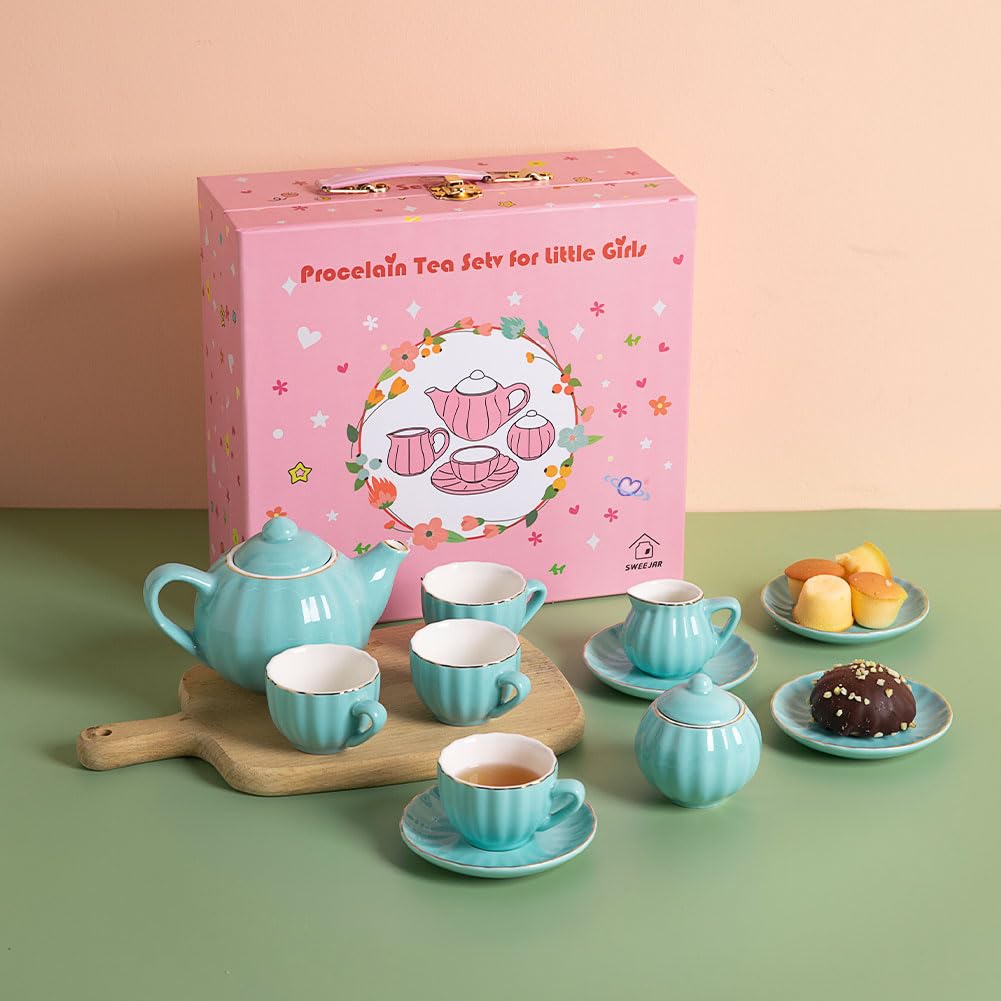 Sweejar Porcelain Tea Set for Little Girls,Kitchen Toys Tea Party Set for Kids Toddler Kitchen Pretend Toy Include Children Teapot, Cup &amp; Saucer Set of 4, Sugar Bowl and Cream Pitcher(Pink)