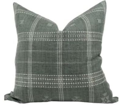 Pillow Cover 100% Linen 20 x 20 inches Double Sided Block Print with Zipper for Easy Removal Home Decor Shabby Chic Farmhouse Neutral Decorative Sofa Couch Accent (Plaid White Grey)