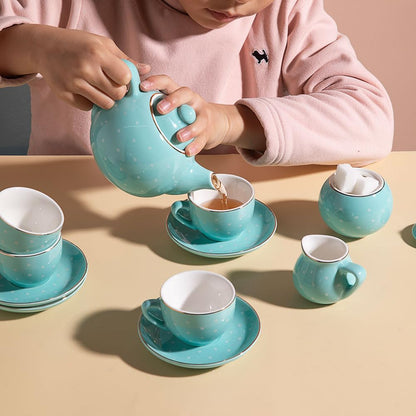 Sweejar Porcelain Tea Set for Little Girls,Kitchen Toys Tea Party Set for Kids Toddler Kitchen Pretend Toy Include Children Teapot, Cup &amp; Saucer Set of 4, Sugar Bowl and Cream Pitcher(Pink Polka Dot)