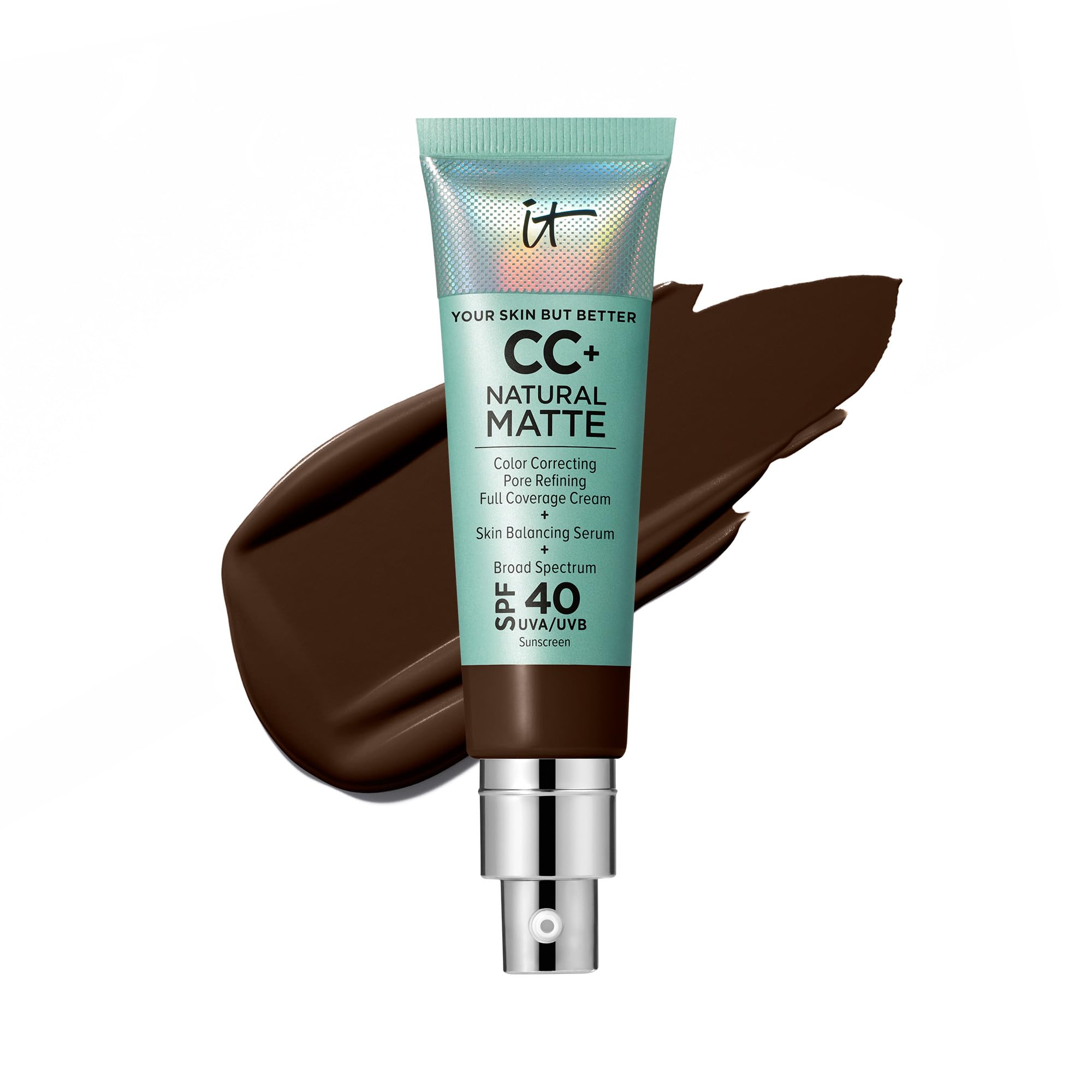 IT Cosmetics CC+ Cream Natural Matte Foundation with SPF 40 - Shine-Reducing &amp; Long-Wear Full Coverage Foundation For Oily Skin - With Hyaluronic Acid - Fragrance Free &amp; Non-Comedogenic - 1.08 fl oz