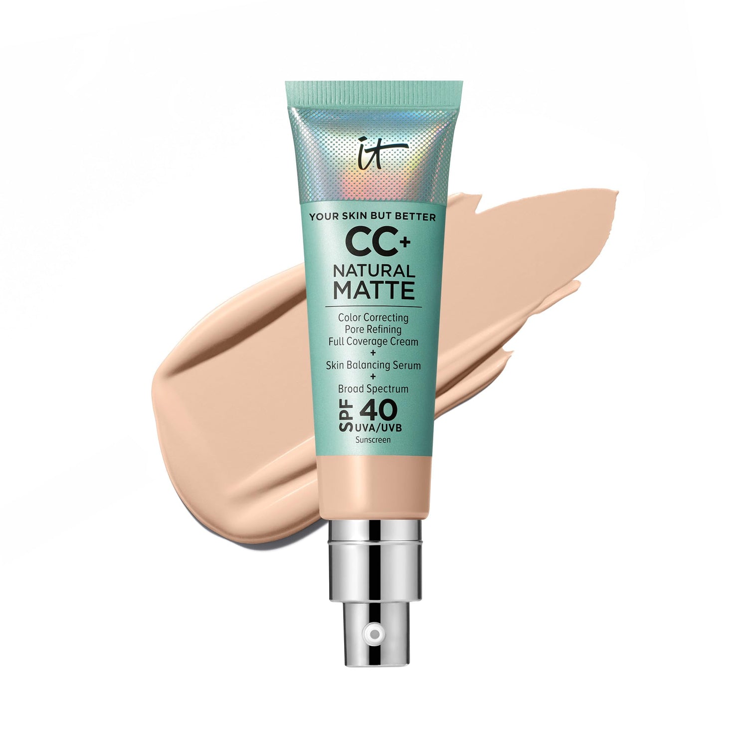 IT Cosmetics CC+ Cream Natural Matte Foundation with SPF 40 - Shine-Reducing &amp; Long-Wear Full Coverage Foundation For Oily Skin - With Hyaluronic Acid - Fragrance Free &amp; Non-Comedogenic - 1.08 fl oz
