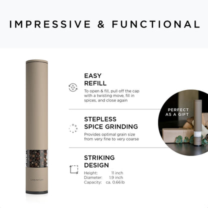 LARS NYSØM Salt and Pepper Mills Set Stainless Steel with Adjustable Ceramic Grinder 2 Pieces I Design Spice Mills Set Manual (Brown/Beige)