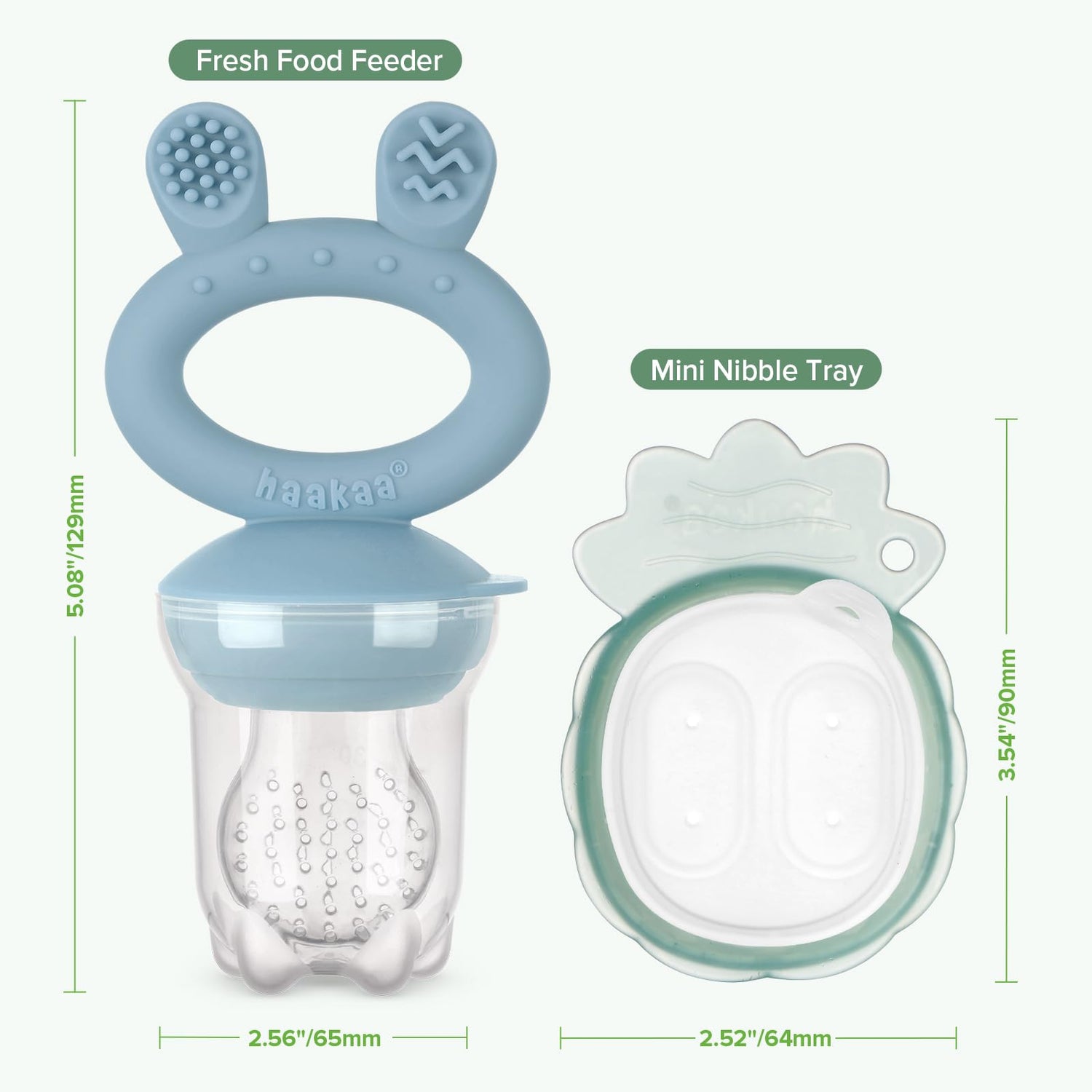 Haakaa Baby Fruit Food Feeder &amp; Mini Freezer Nibble Tray Combo, Breastmilk Popsicle Molds for Cooling Relief, BPA Free Silicone Feeder for Safe Infant Self Feeding, 4 Month+ (Pea Green)