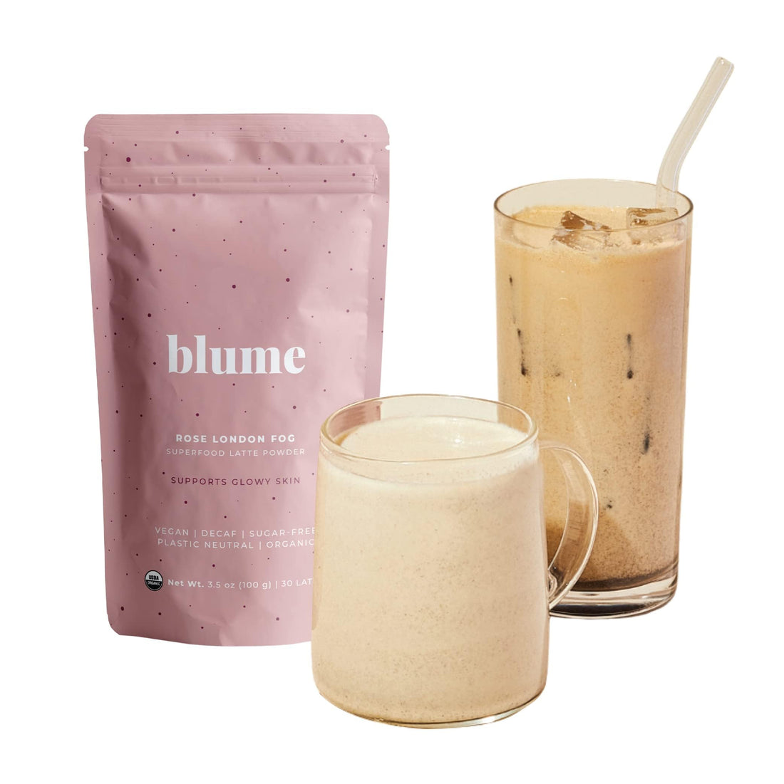 Blume Rose London Fog Latte with Zero Sugar or Caffeine - Certified Organic, Vegan and Gluten-Free - Tart Cherry &amp; Rosehips blend rich Antioxidant &amp; Vitamin to Ease Bloating and Boost Your Natural Glow - 30 Servings