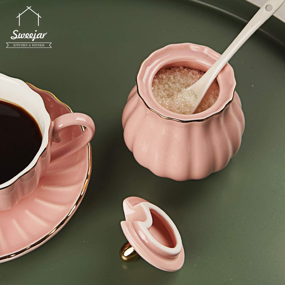 Sweejar Royal Ceramic Sugar and Creamer Set with Lid, 28 oz Teapot with Removable Stainless Steel Infuser,Blooming &amp; Loose Leaf Teapot offee Serving Set Wedding Gift(Pink)