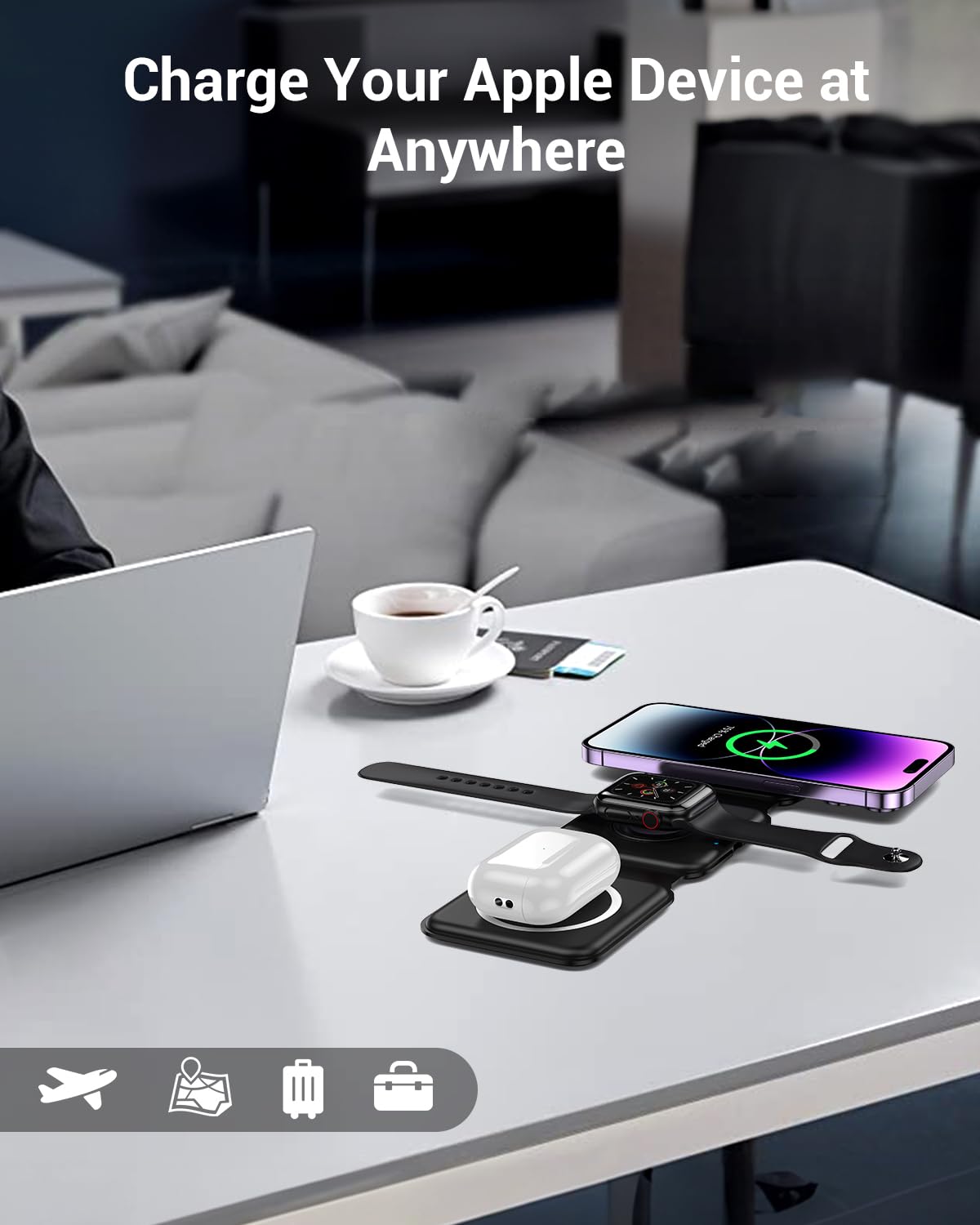 Wireless Charger, Magnetic Foldable 3 in 1 Mag-Safe Charger, Fast Travel Wireless Charging Station for iPhone 16/15/14/13/12/ Series,for iWatch,for AirPods (Adapter Included)