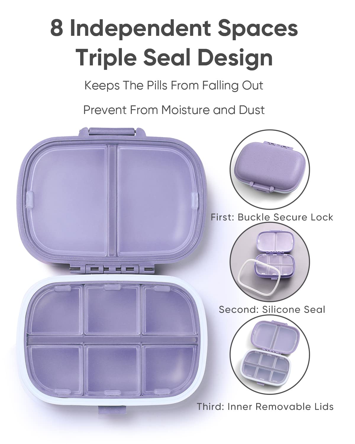 Holii Travel Pill Organizer, 8 Compartments Portable Pill Case, Daily Pill Box to Hold Vitamins, Small Pill Container for Pocket Purse Medicine Organizer（Khaki）