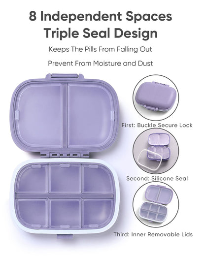 Holii Travel Pill Organizer, 8 Compartments Portable Pill Case, Daily Pill Box to Hold Vitamins, Small Pill Container for Pocket Purse Medicine Organizer（Khaki）