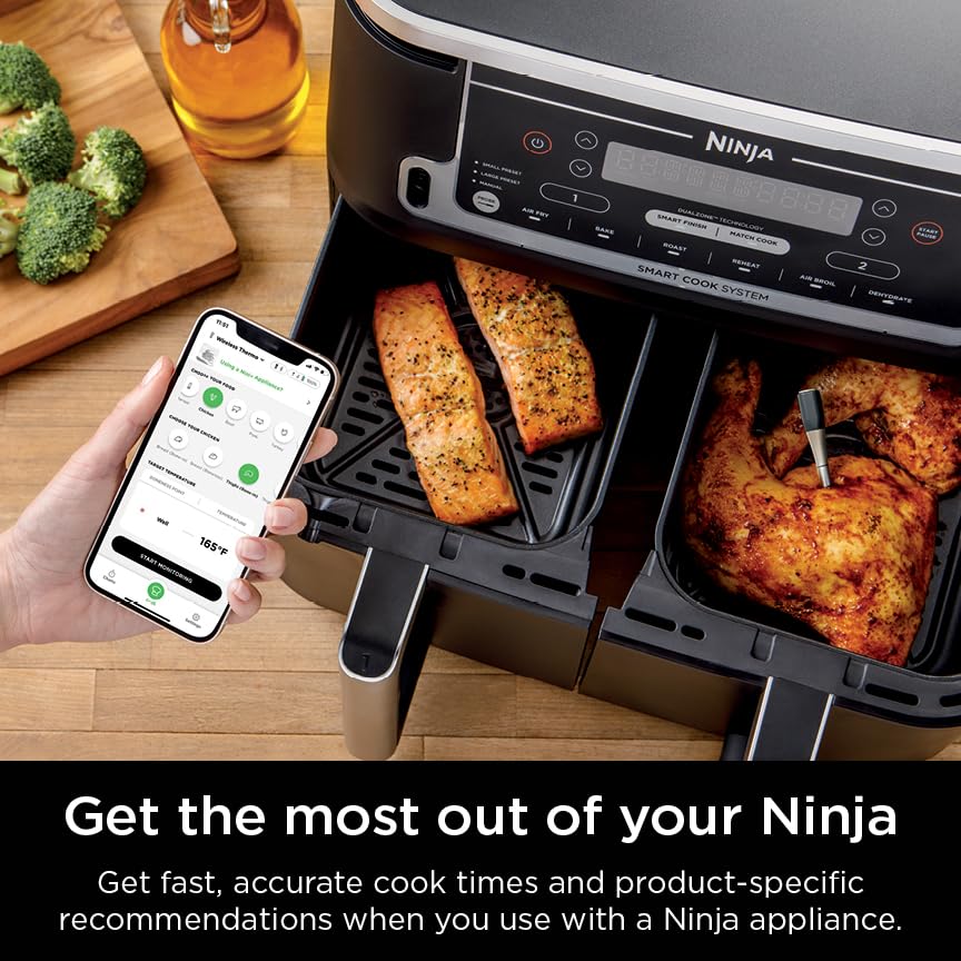 Ninja ProChef Wireless Meat Thermometer Indoor &amp; Outdoor, for Grill, Oven, Smoking, Roasting, air Frying, Long Range app Connection, flareup Resistant, Long Battery Life, Bluetooth, Waterproof, WP100