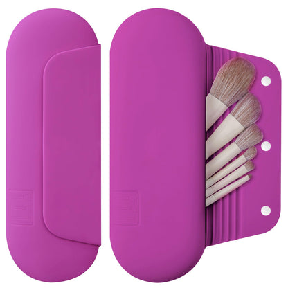 AGIKET Silicone Makeup Brush Holder Travel Cosmetic Bag：Soft Portable Cosmetic Face Brushes Holder with Upgrade Anti-Fall Out Magnetic Closure, Large Travel Makeup Brush Case - Walnut