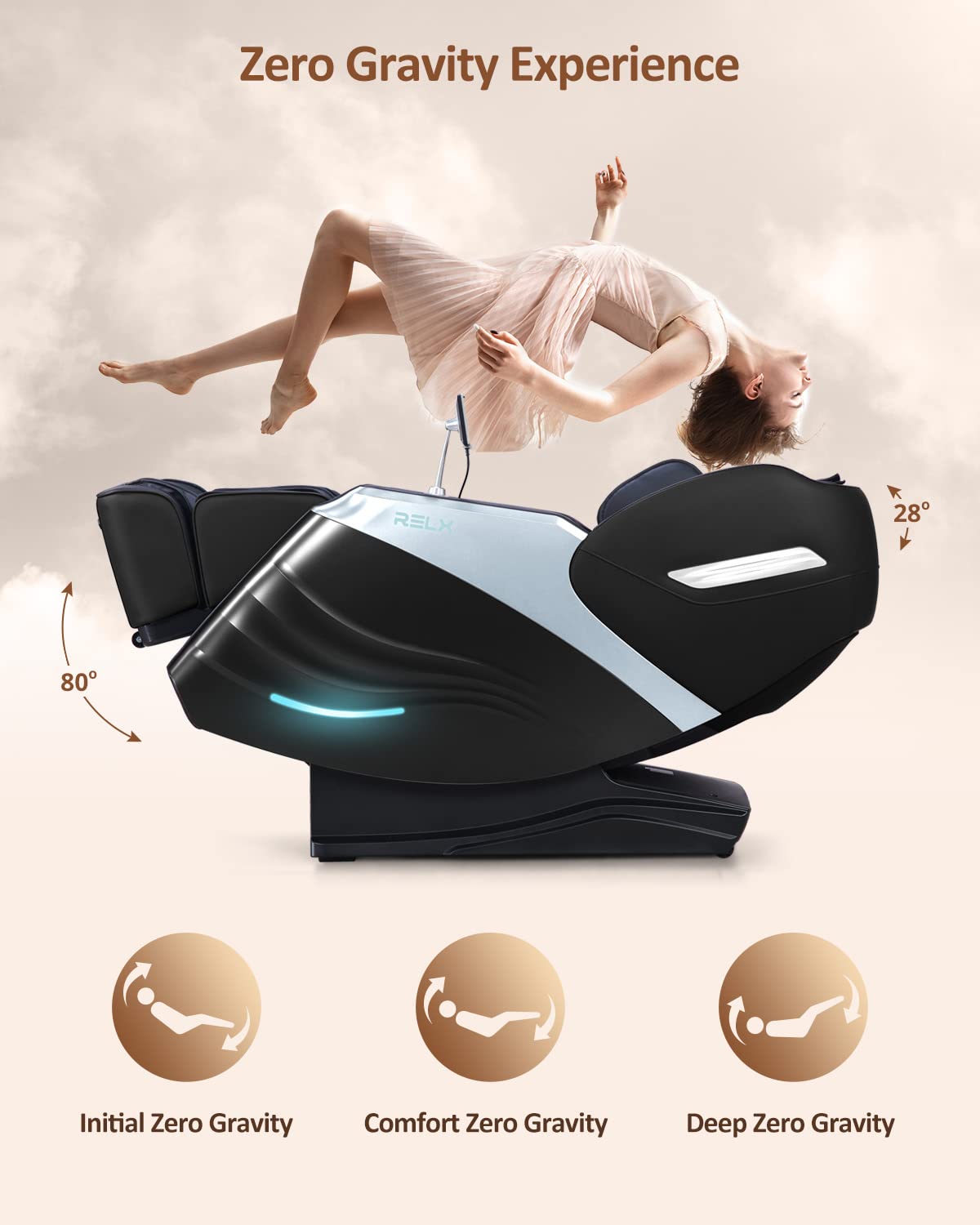 RELX Massage Chair Full Body Zero Gravity SL-Track Shiatsu Massage Chair, 12 Modes, Airbag Massage, with Yoga Stretch, Foot Massage, AI Control (Cream)
