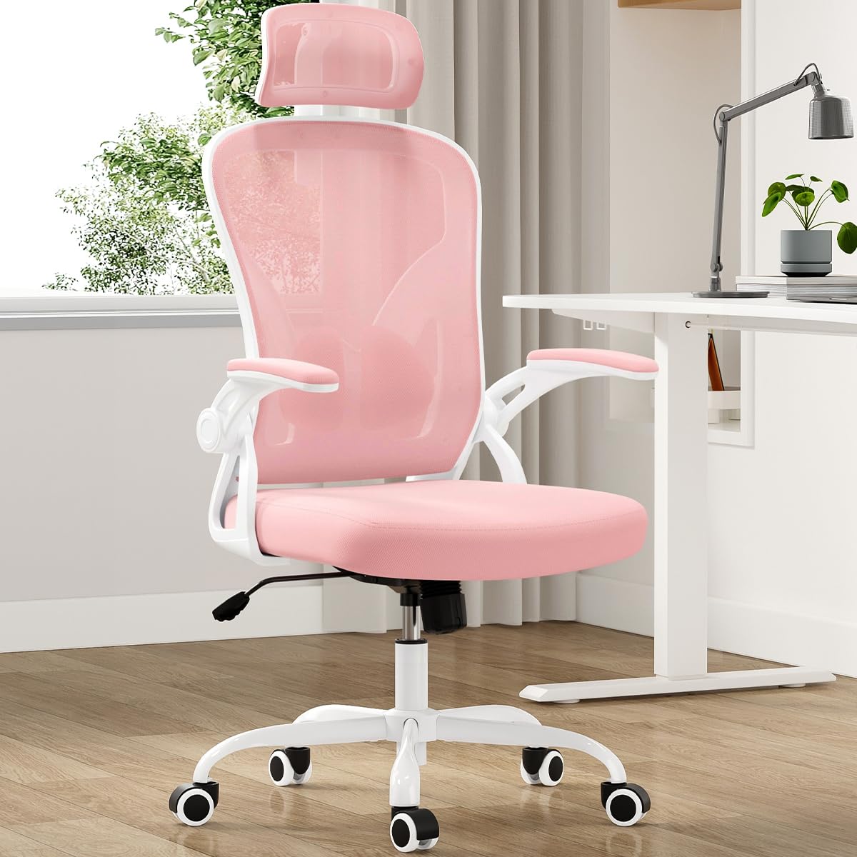 Farini Ergonomic Office Chair, Home Office Desk Chair with Headrest, High Back Computer Chair with Flip-up Armrests and Adjustable Lumbar Support for Home Office Study Bedroom, Khaki.