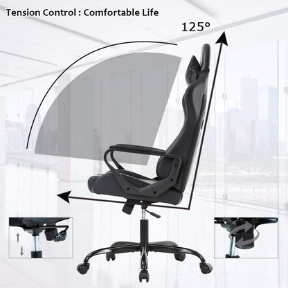 Ergonomic Office Chair, High-Back White Gaming Chair with Lumbar Support PC Computer Chair Racing Chair PU Task Desk Chair Ergonomic Executive Swivel Rolling Chair for Back Pain Women, Men (Black)