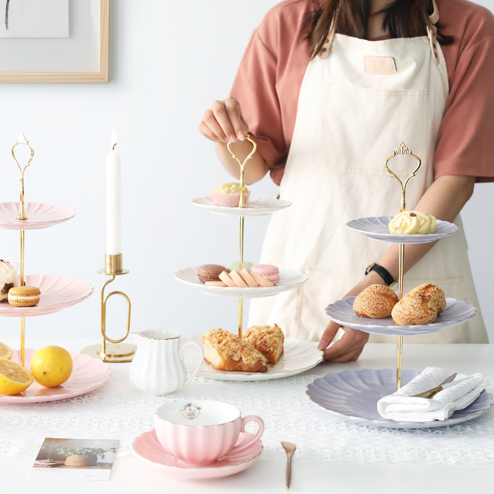 Sweejar Porcelain Tea Sets British Royal Series and 3 Tier Ceramic Cake Stand(Pink)