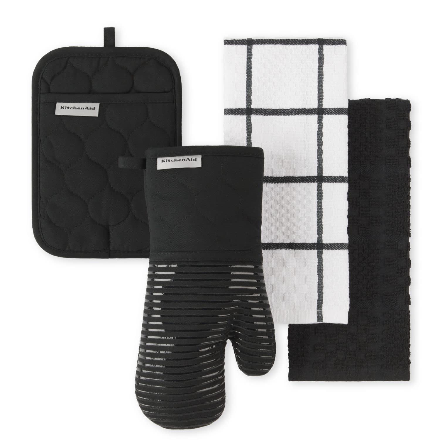 KITCHENAID Quilted Cotton Terry Cloth Oven Mitt, Pot Holder, Kitchen Towel 4-Pack Set, Heat Resistant, Silicone Grip, Gift Set, Milkshake, 16&quot;x26&quot;, 7&quot;x13&quot; &amp; 7&quot;x10&quot;