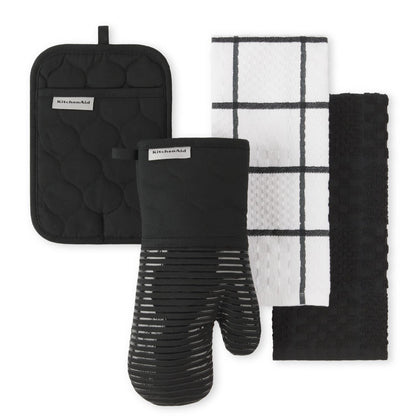 KITCHENAID Quilted Cotton Terry Cloth Oven Mitt, Pot Holder, Kitchen Towel 4-Pack Set, Heat Resistant, Silicone Grip, Gift Set, Milkshake, 16&quot;x26&quot;, 7&quot;x13&quot; &amp; 7&quot;x10&quot;