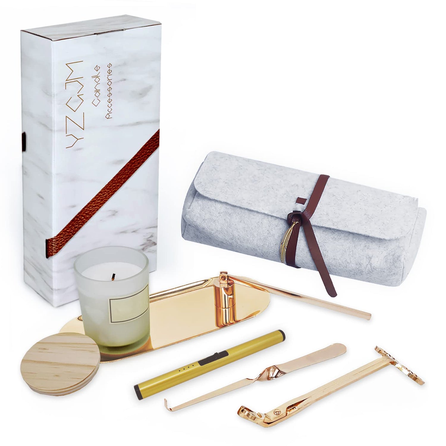 Exquisite Candle Accessories Tool Pack Bag, Rechargeable Electric Lighter， Wick Trimmer, Dipper, Snuffer and Tray Holder Elegant Kit Gift for Candle Lovers in Dating, Valentines Decor. ( Lemon Gold )