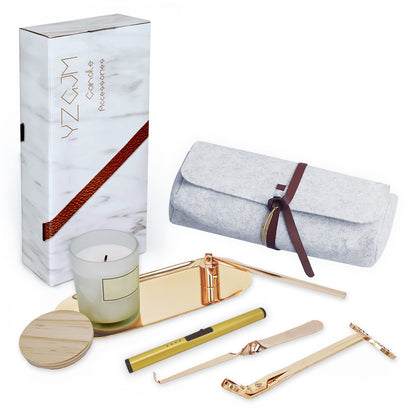 Exquisite Candle Accessories Tool Pack Bag, Rechargeable Electric Lighter， Wick Trimmer, Dipper, Snuffer and Tray Holder Elegant Kit Gift for Candle Lovers in Dating, Valentines Decor. ( Lemon Gold )