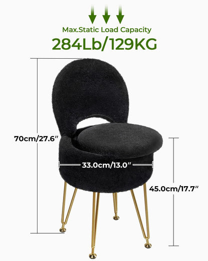 Greenstell Vanity Stool with Foldable Back, Vanity Chair with Storage, 13&quot; Dx 27.7&quot; H Faux Fur Soft Ottoman, 4 Metal Legs with Anti-Slip Feet, Small Furry Padded Seat for Makeup, Bedroom, White